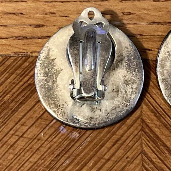 Vintage Art Deco Revival Round 925 Sterling Onyx Marcasite MOP Clip On Earrings - Picture 6 of 10